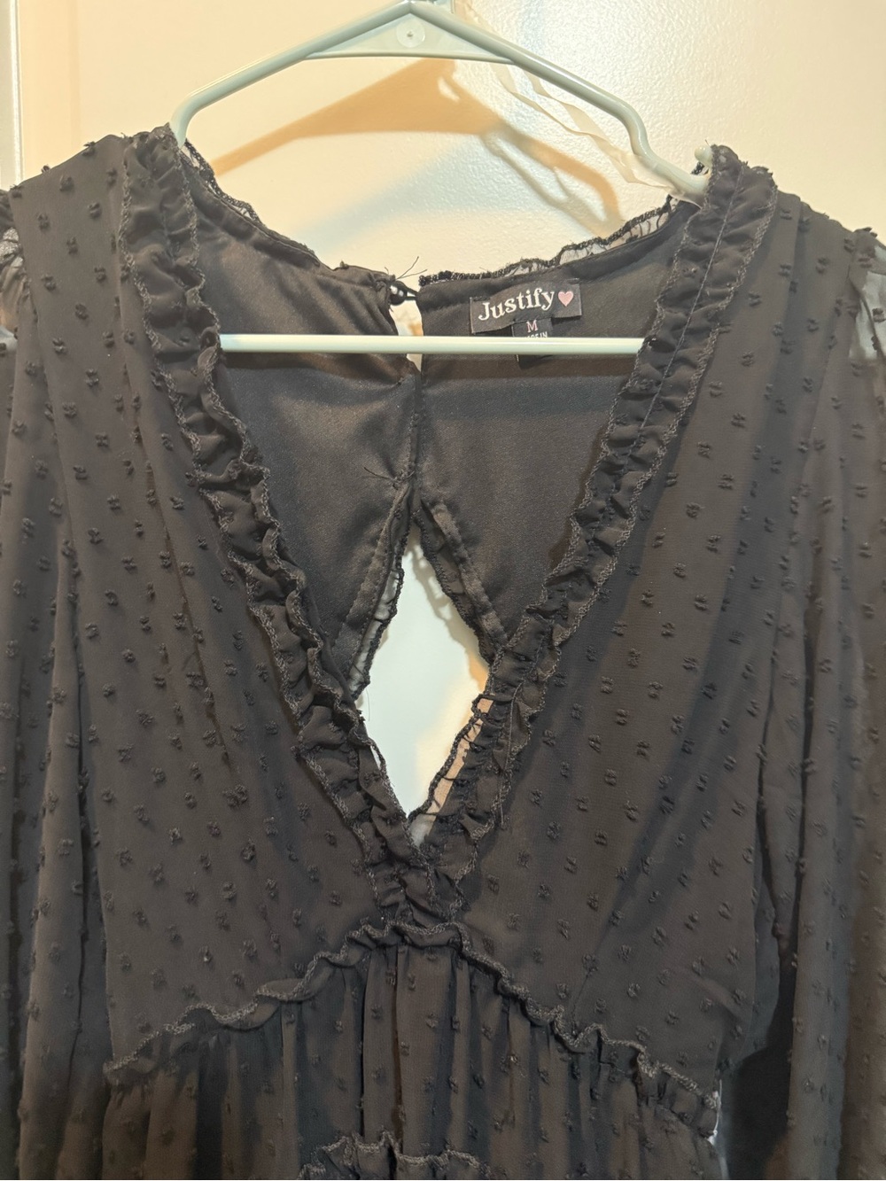 Justify Black Swiss Dot Ruffle V-Neck Long Sleeve Dress